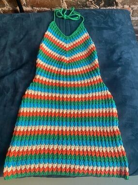 Striped Knitted Dress Green Blue Orange Cream XS Cottagecore Open Back Stretch